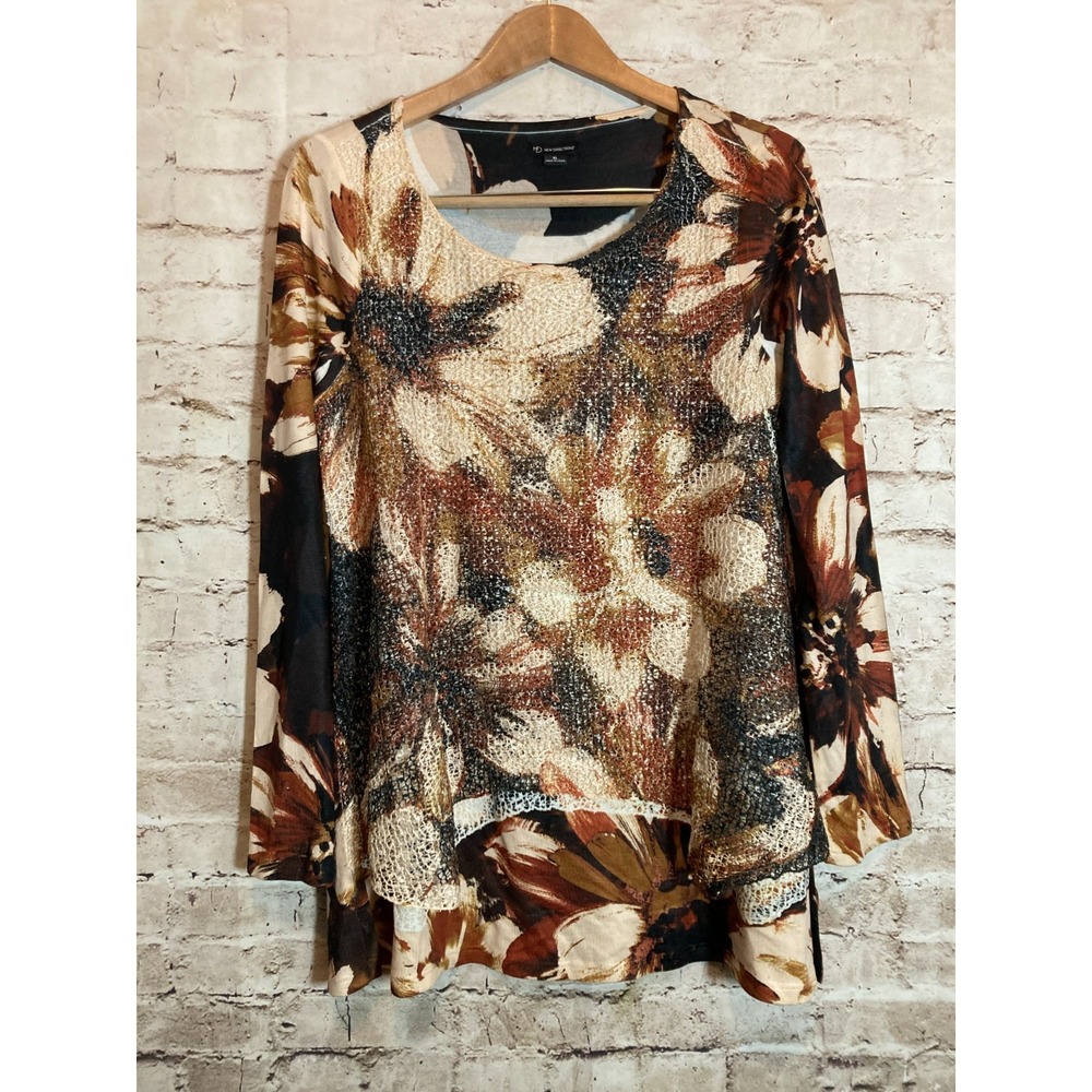 New Directions Top Womens XL Black & Brown Floral Mesh Overlay Artsy Flowy